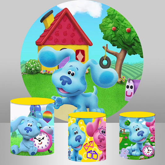 Lofaris Cartoon Blue Dog Green Field Round Party Backdrop Kit