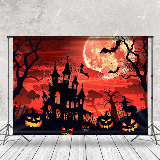 Lofaris Cartoon Castle Moon Red Sky Pumpkin Halloween Backdrop