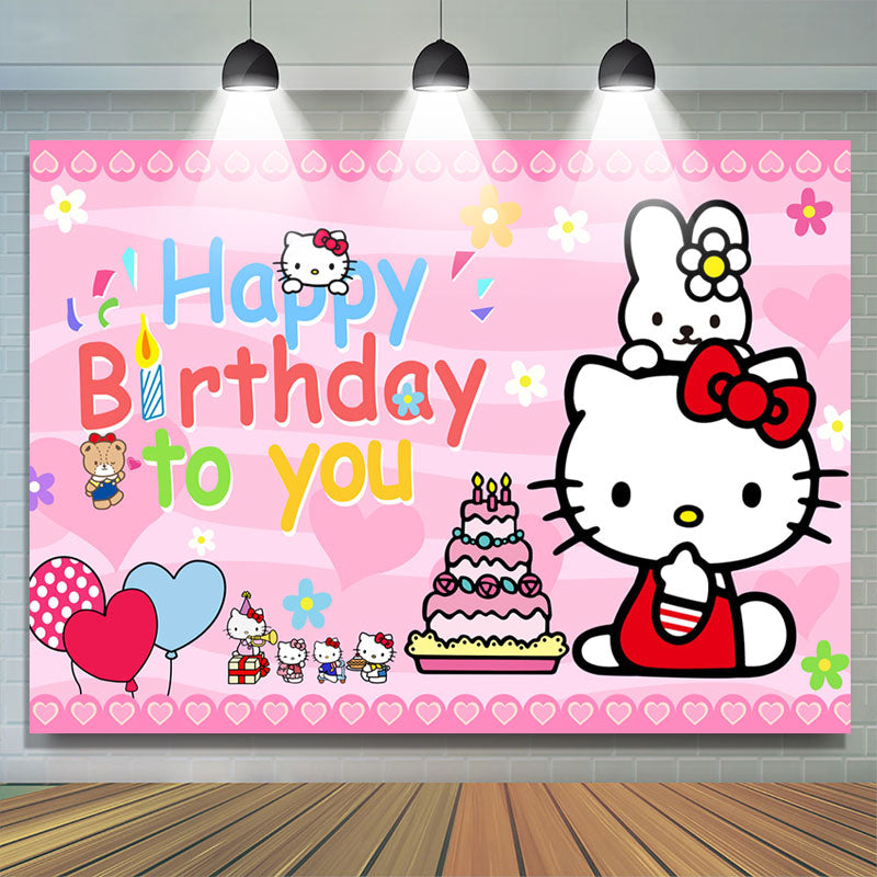 Lofaris Cartoon Cat Cake Balloon Happy Birthday Backdrop