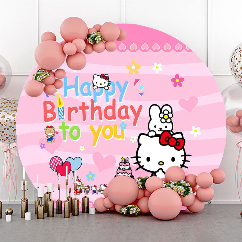 Lofaris Cartoon Cat Pink Round Birthday Backdrop For Girl