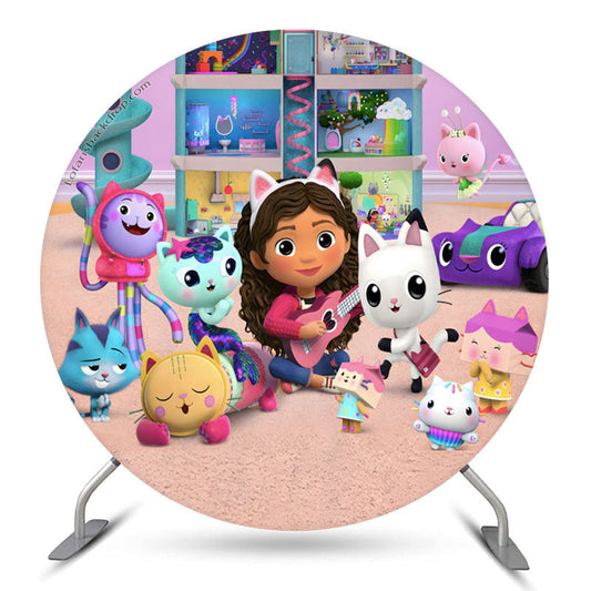 Lofaris Cartoon Cats Girl Guitar Round Party Backdrop Kit