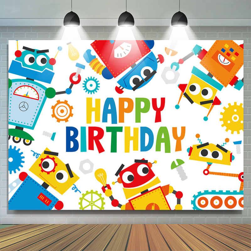 Lofaris Cartoon Colorful Robots Happy Birthday Backdrop