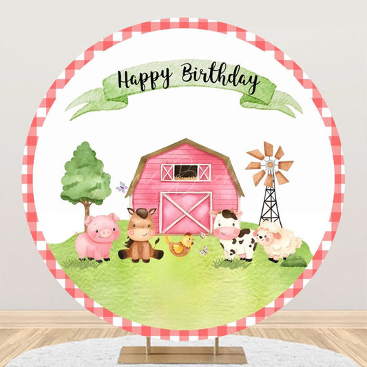 Lofaris Cartoon Farm Animals Grass Round Birthday Backdrop