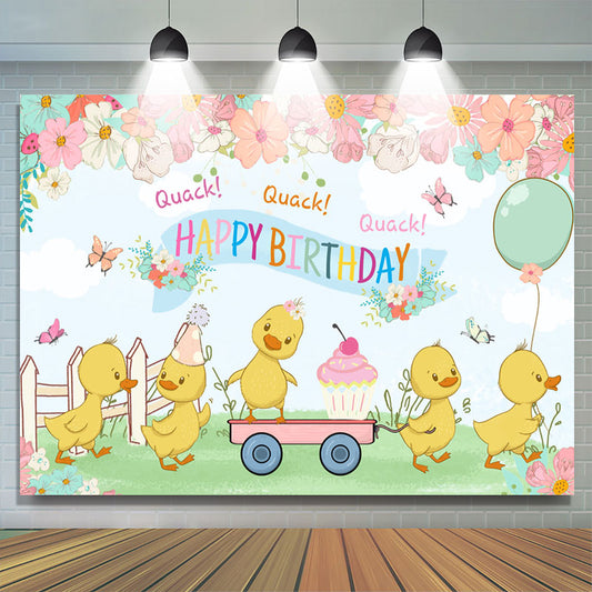 Lofaris Cartoon Floral Yellow Duck Happy Birthday Backdrop
