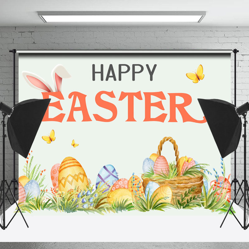 Lofaris Cartoon Grassland Basket Eggs Happy Easter Backdrop
