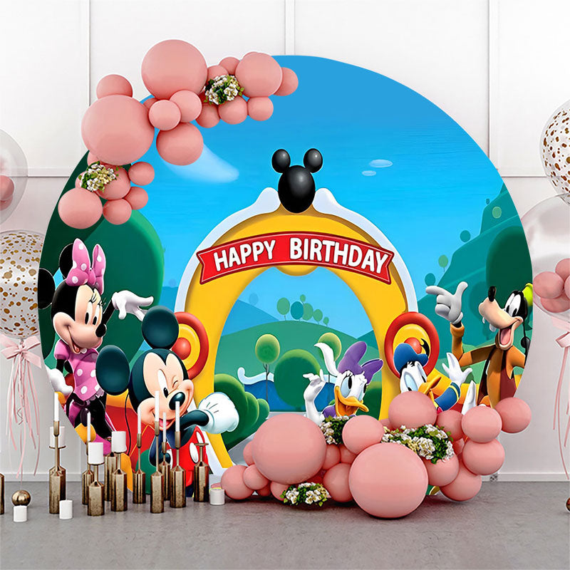 Lofaris Cartoon Mouse Duck Round Happy Birthday Backdrop