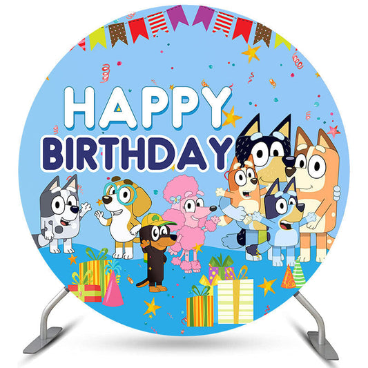 (Ship In 24HR) Cartoon Sheepdog Blue Happy Birthday Round Backdrop