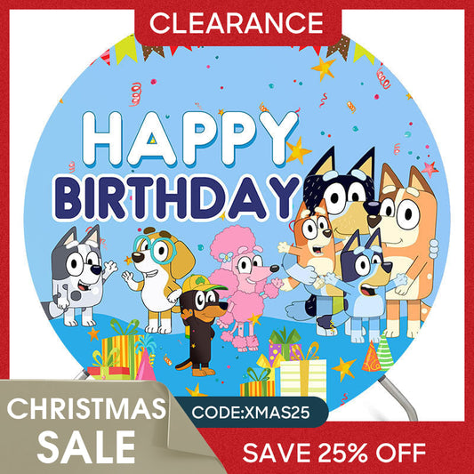 Lofaris (Ship In 24HR) Cartoon Sheepdog Blue Happy Birthday Round Backdrop