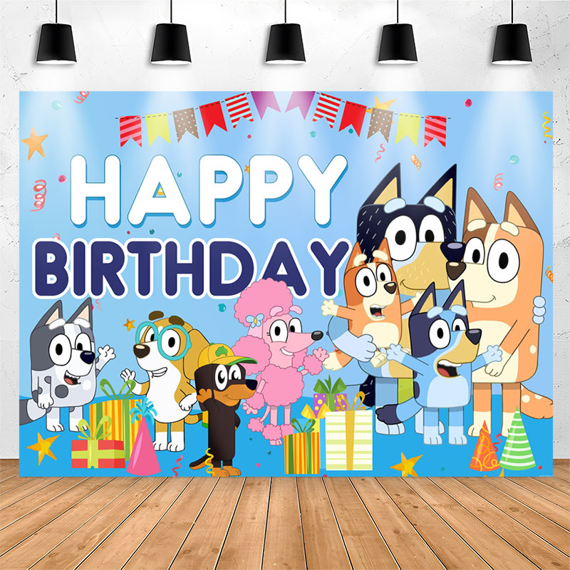 Lofaris Cartoon Sheepdog Blue Theme Happy Birthday Backdrop