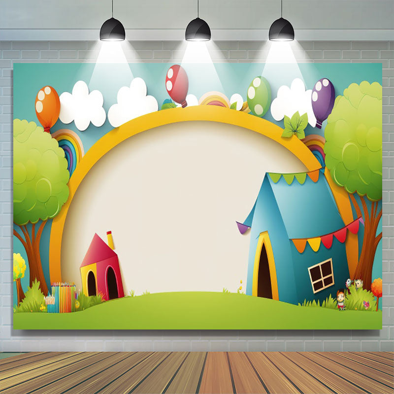 Funhouse Backdrop Cartoon Tree House Balloons Backdrop for Birthday - Lofaris