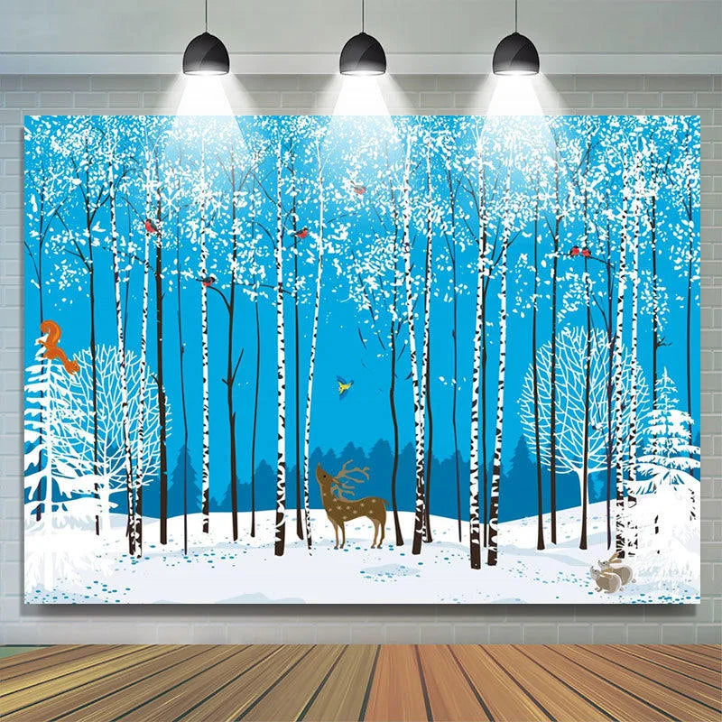 Lofaris Cartoon Winter Forest Tree Animals Photo Backdrop