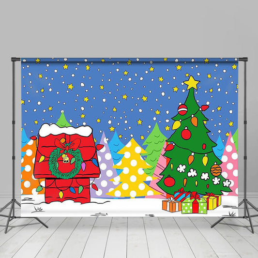 Lofaris Cartoon Xmas Trees Star Red House Christmas Backdrop