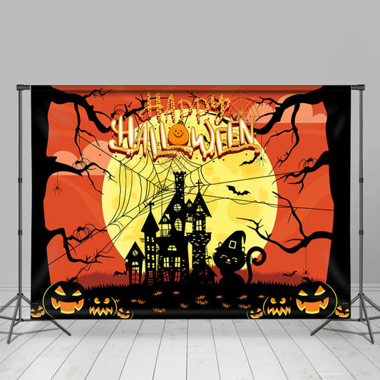 Lofaris Castle Cat Pumpkin Yellow Moon Halloween Backdrop