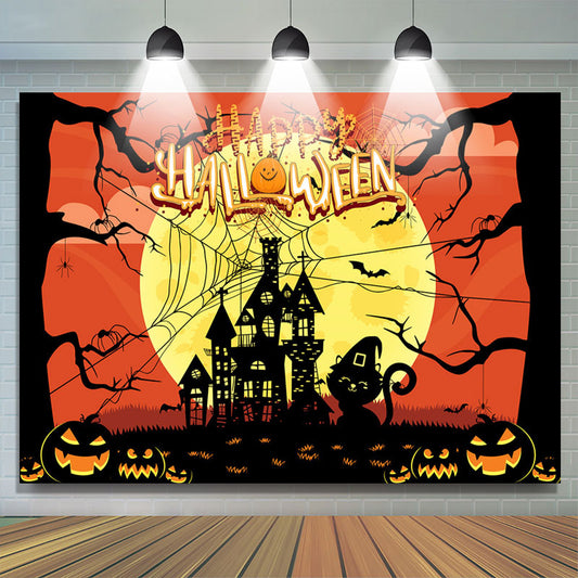 Lofaris Castle Cat Pumpkin Yellow Moon Halloween Backdrop