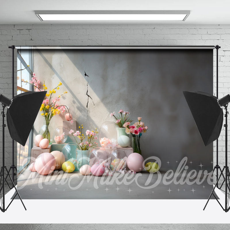 Lofaris Cement Wall Colorful Floral Eggs Easter Backdrop