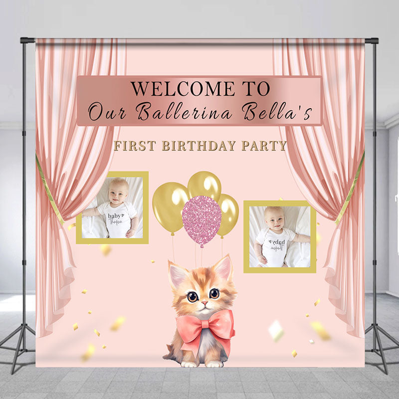 Lofaris Charming Pink Curtain Cat Custom First Birthday Backdrop