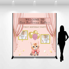 Lofaris Charming Pink Curtain Cat Custom First Birthday Backdrop