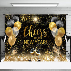 Lofaris Cheers Sparkle Gold Black Balloon New Year Backdrop