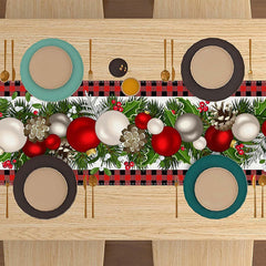 Lofaris Cherry Christmas Ball Checkered Leaves Table Runner