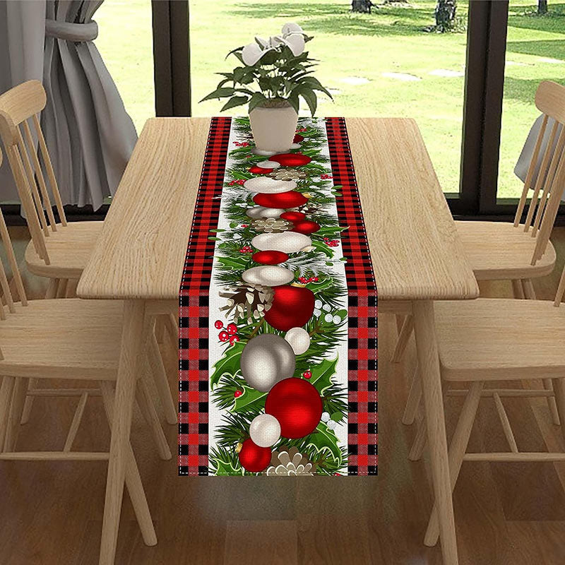 Lofaris Cherry Christmas Ball Checkered Leaves Table Runner
