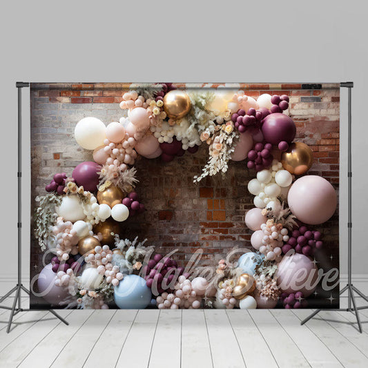 Lofaris Chic Floral Balloons Arch Brick Retro Wall Backdrop