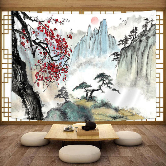 Lofaris Chinese Ink Painting Mountain Pine Trees Tapestry