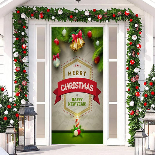 Lofaris Christmas Bells And Balls Green Plants Door Cover