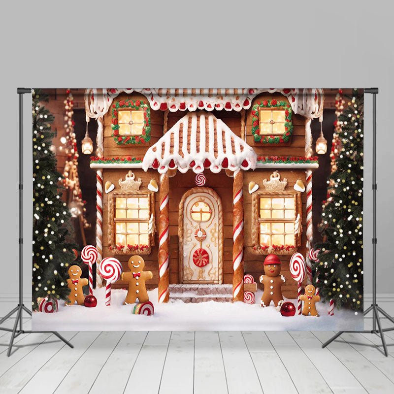 Christmas Tree Bokeh Candy Gingerbread House Backdrop - Lofaris