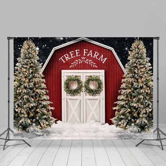 Lofaris Christmas Tree Farm Snow Red Wooden Cabin Backdrop