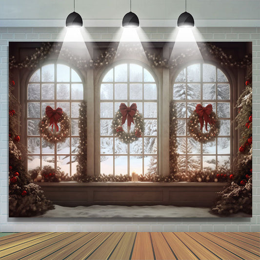 Lofaris Christmas Tree Wreath Bowknot Window Portrait Backdrop