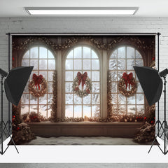 Lofaris Christmas Tree Wreath Bowknot Window Portrait Backdrop
