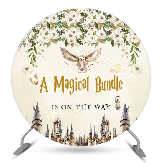 Lofaris Circle Owl Letter Floral Beige Baby Shower Backdrop