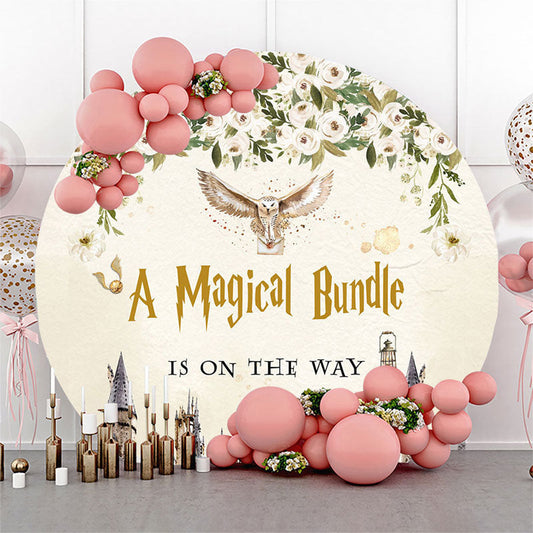 Lofaris Circle Owl Letter Floral Beige Baby Shower Backdrop