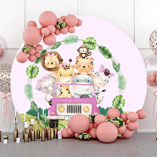 Lofaris Circle Pink Car And Animals Happy Birthday Backdrop