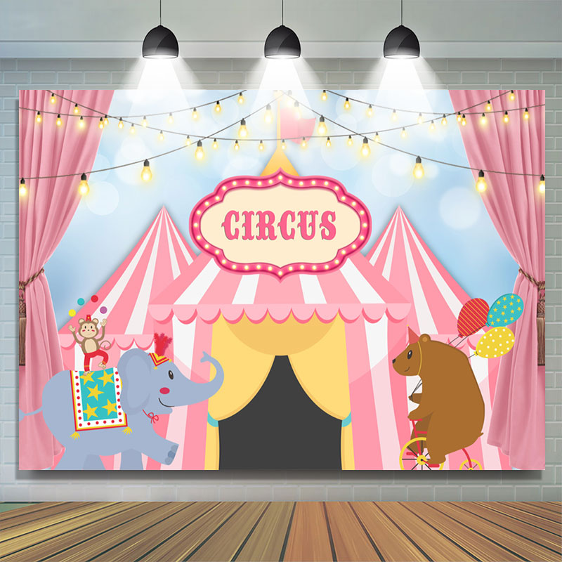 Lofaris Circus Mill Animals Tent Pink Happy Birthay Backdrop