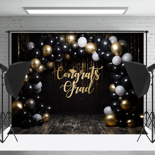 Lofaris Classic Black Gold Balloon Congrats Grad Backdrop