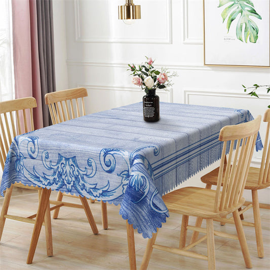 Lofaris Classical Blue Floral Wood Rectangle Tablecloth