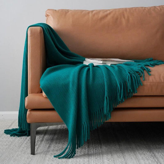 (Ship In 24HR) 50x67inch Emerald Throw Blanket with Tassels for Bed