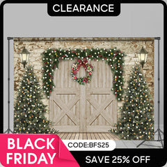 (Ship In 24HR) Christmas Tree and Wooden Door Christmas Party Backdrop