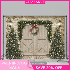 (Ship In 24HR) Christmas Tree and Wooden Door Christmas Party Backdrop