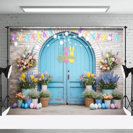 Lofaris Flower Pot Blue Arch Door Rabbit Easter Backdrop