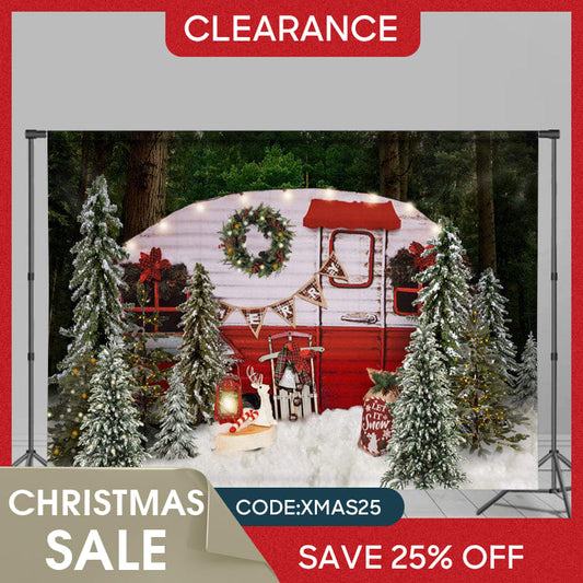 (Ship In 24HR) Snow Forest Merry Christmas Tree Red Bus Scene Party Backdrop