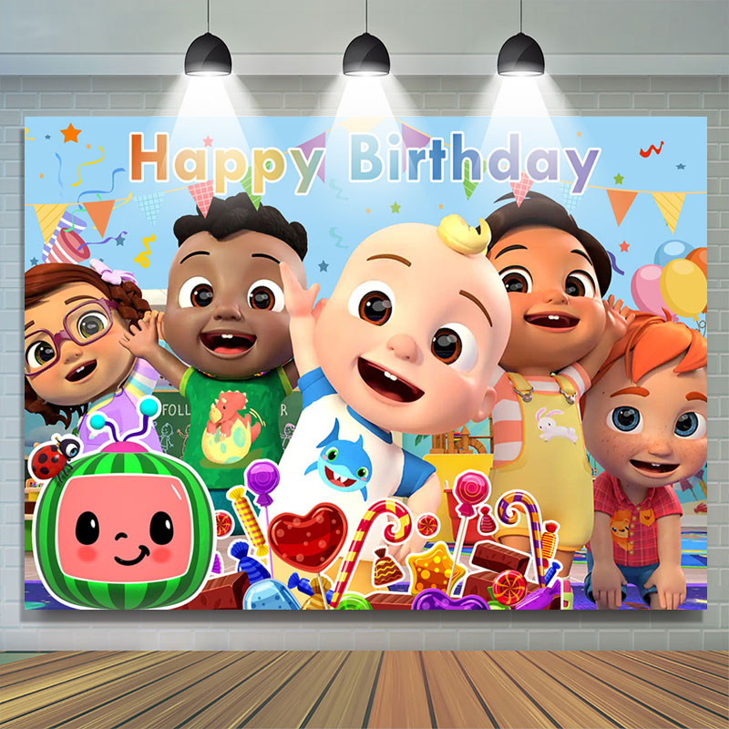 Lofaris Cartoon Baby Family Happy Birthday Backdrop For Party