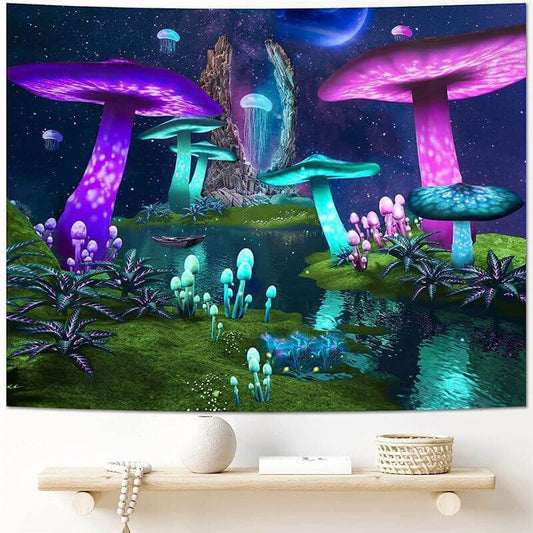 (Ship In 24HR) Light Mushroom Trippy Novelty Lake Galaxy Wall Tapestry