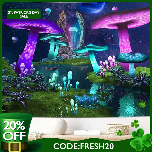 (Ship In 24HR) Light Mushroom Trippy Novelty Lake Galaxy Wall Tapestry