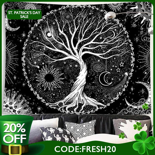 (Ship In 24HR) Tree of Life Black And White Moon Galaxy Wall Tapestry