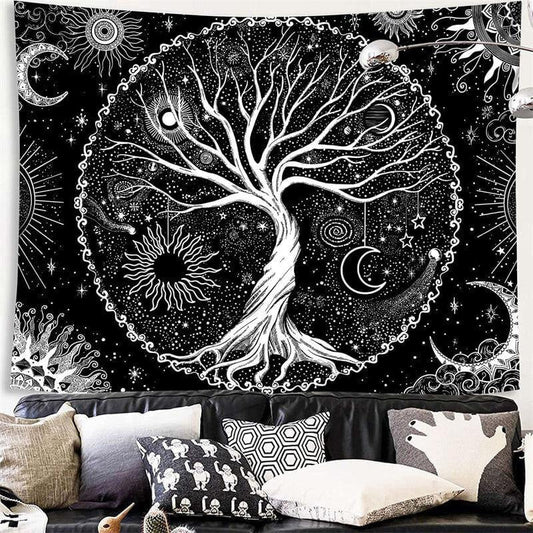 Lofaris (Clearance | Ship In 24HR) Tree of Life Black And White Moon Galaxy Wall Tapestry