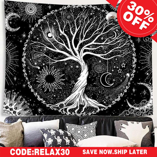 (Ship In 24HR) Tree of Life Black And White Moon Galaxy Wall Tapestry