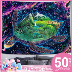 (Ship In 24HR) Turtle World Novelty Cartoon Trippy Mountain Wall Tapestry