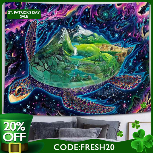 (Ship In 24HR) Turtle World Novelty Cartoon Trippy Mountain Wall Tapestry